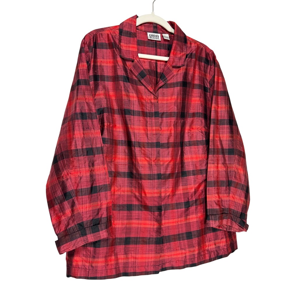 Chicos Design 100% Silk Button Front Blouse Red Black Plaid Size 3 L XL